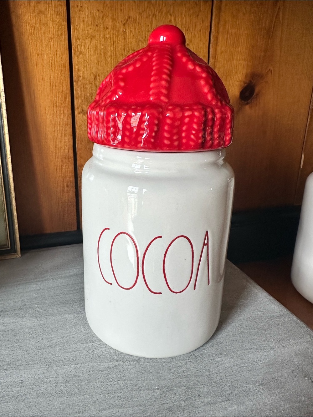 Rae Dunn Cocoa Canister with Red Knit-Style Lid